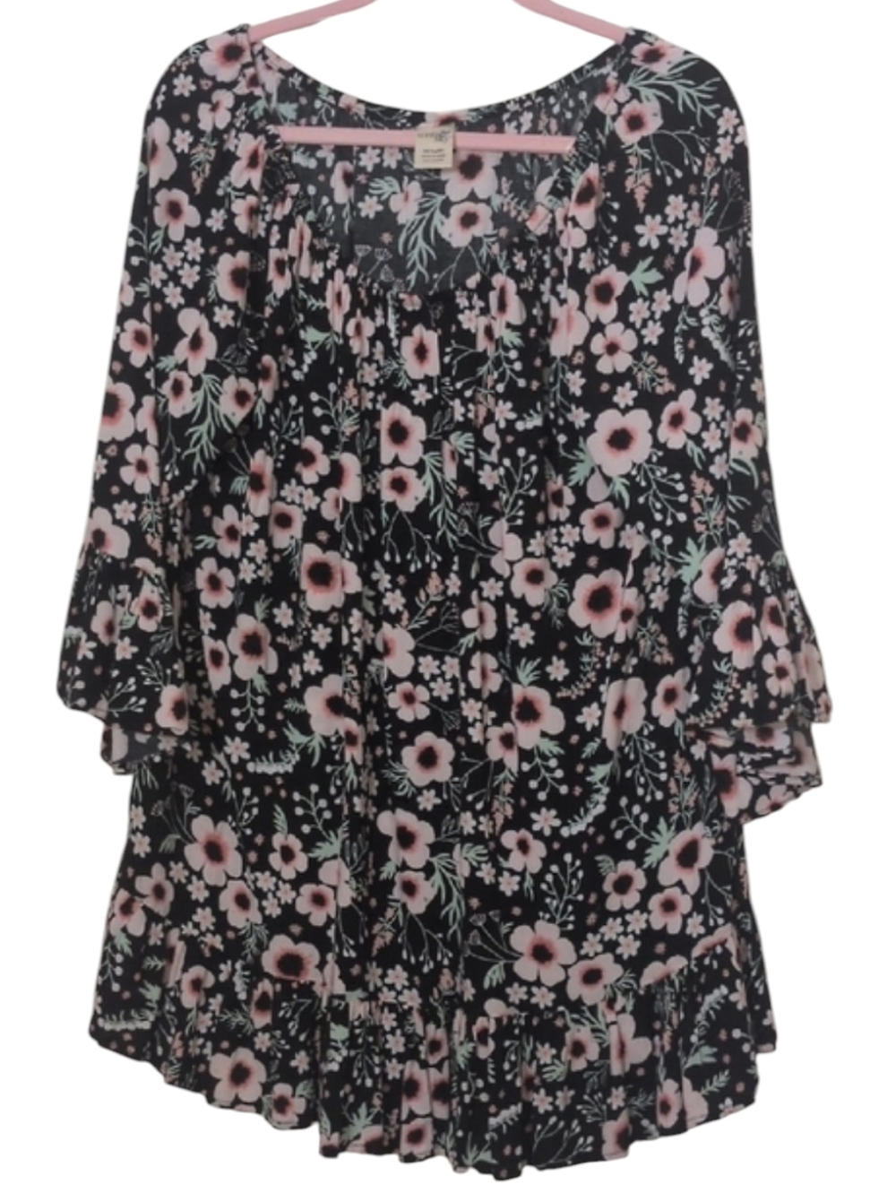 Terra & Sky Black Floral Top Or Dress with Pink/Mint Details, Off/On Shoulder